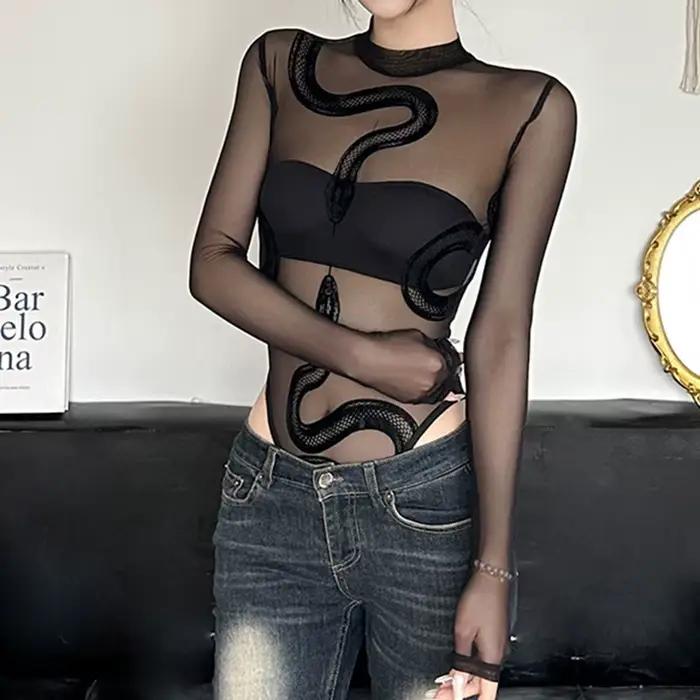 Combinaison en maille transparente imprimé serpent noir pour femme style sexy E-girl gothique Y2K soirées festivals nocturne audacieux