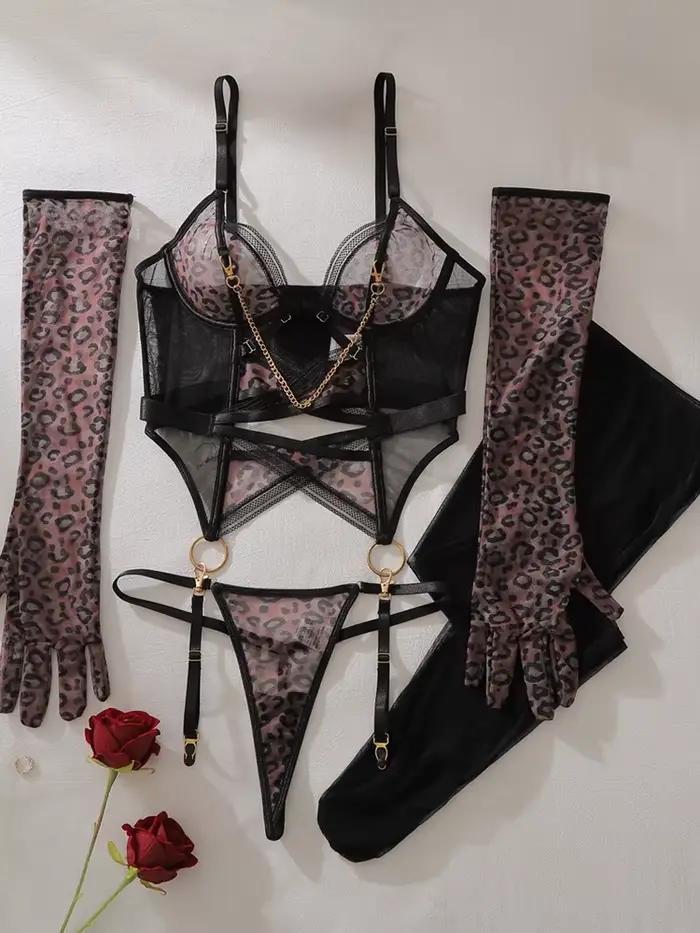 Ensemble de lingerie sexy transparente motif léopard avec gants en maille élégants
