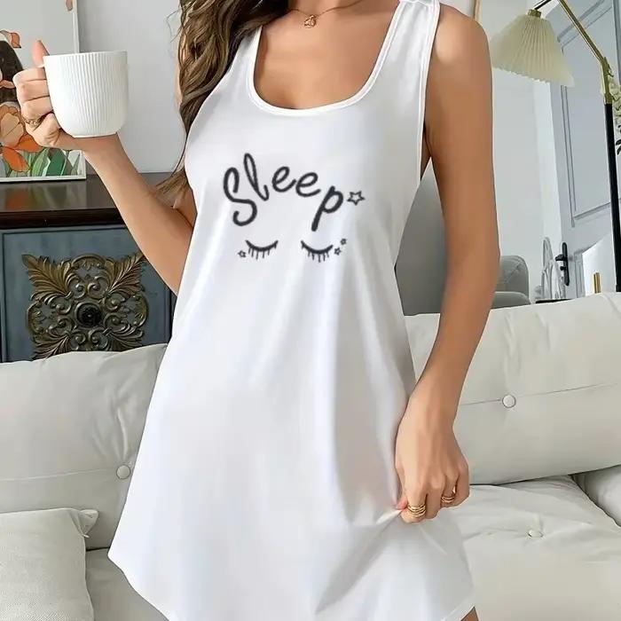 Chemise de nuit sans manches avec lettres imprimées pour femmes