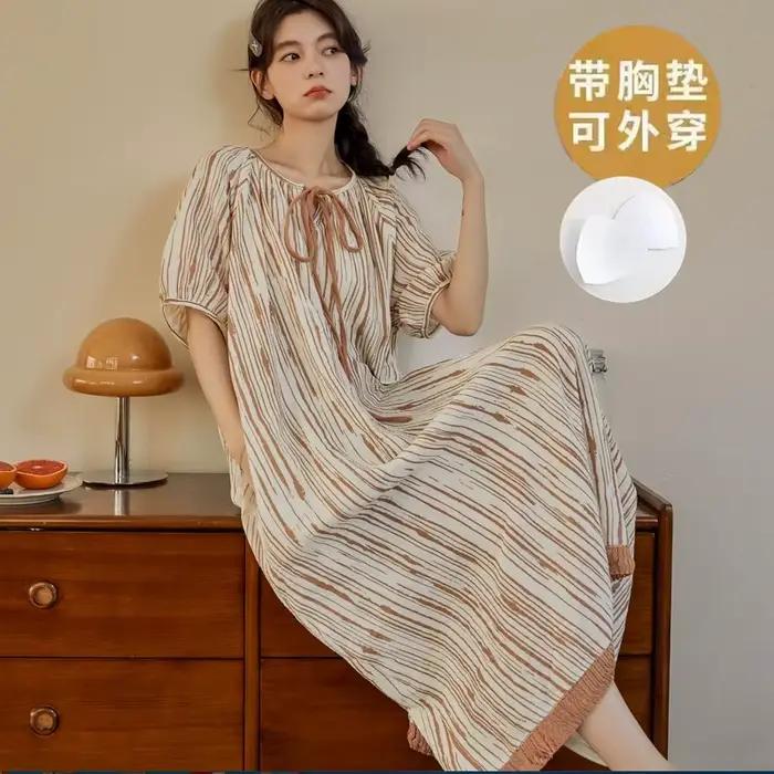 Femmes chemise de nuit avec soutien-gorge Pad 2025 nouveaux vêtements de nuit longs été manches courtes Homewear jeune fille femme pyjama pyjamas chemises de nuit