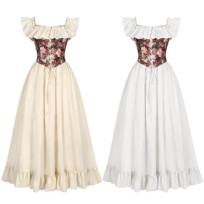 Robe Corset Médiévale Renaissance Épaules Dénudées Femme Élégante Corset Floral Vintage Gothique Victorien Costume d'Halloween Robe de Bal
