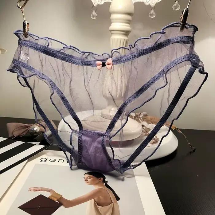 Femmes Sexy culotte transparente rose noeud coton entrejambe slips femme maille sous-vêtements respirants vague bord creux caleçon