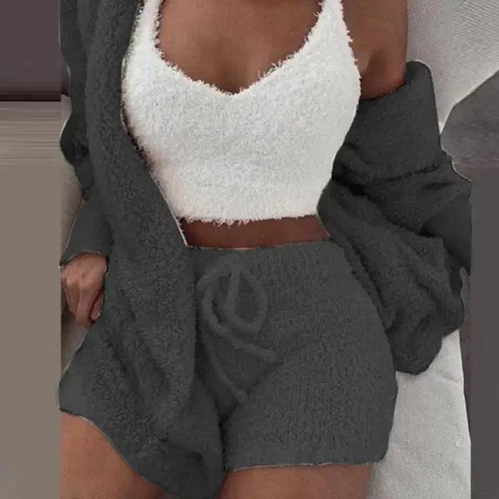 Nouvel ensemble de pyjama en velours pour femme 2026 – Haut court sexy + short + veste – 3 pièces – Tenue décontractée