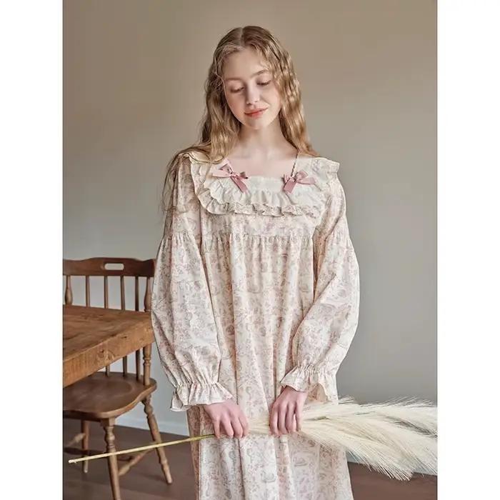Nouveau printemps et automne dames chemise de nuit mignon doux dentelle