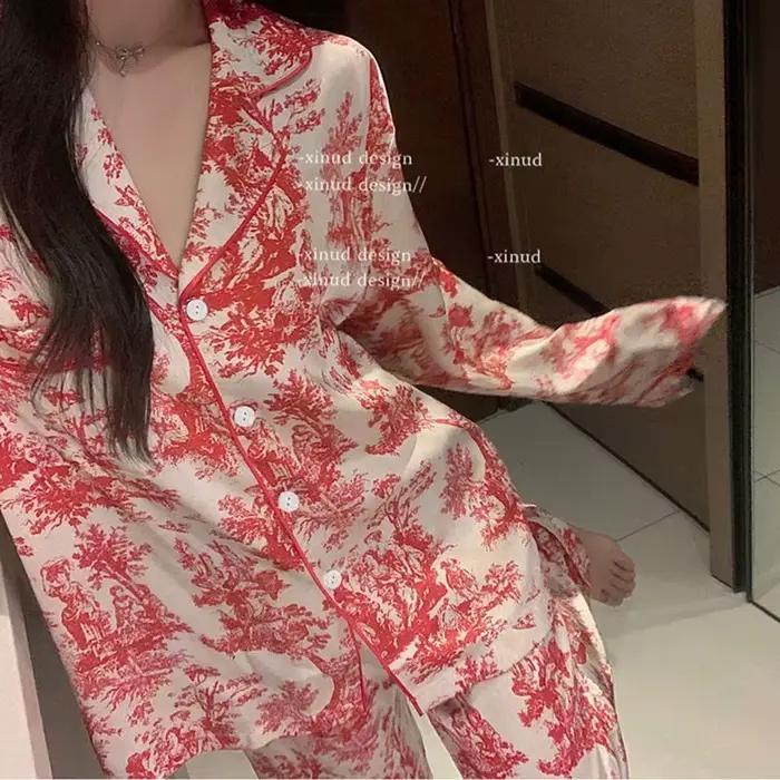 Pyjamas à manches longues pour femmes de luxe avec motif floral pour une nuit paisible et une journée détendue grandes tailles occassions spéciales nuit froide automne