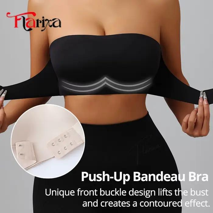 Flarixa Femmes Sans Bretelles Sans Rembourrage Soutien-Gorge Fermeture Avant Bralette Push Up Glace Soie Une Pièce Bustiers Confort Invisible Lingerie Blanc Rose Noir