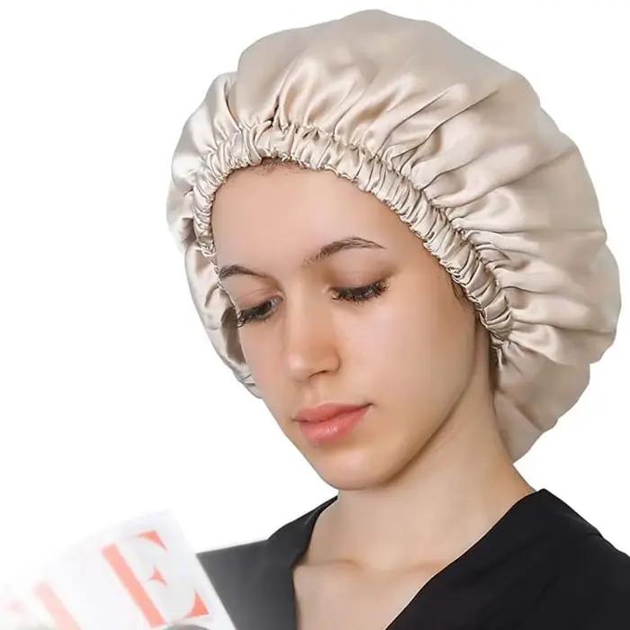 Bonnet en soie véritable 100% Birdtree 16MM, bonnet de nuit double couche pour femme, bandeau élastique pour cheveux A34324M