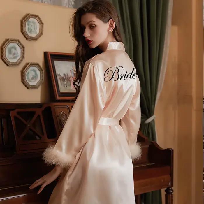 Satin plume Patchwork mariée Robe de demoiselle d'honneur Sexy Kimono peignoir