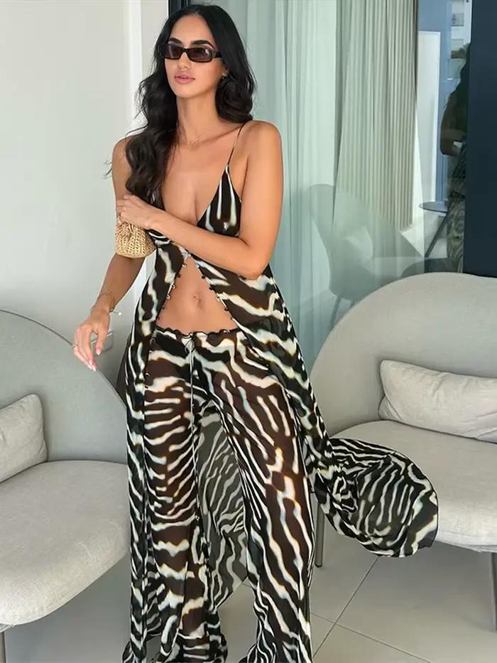 Ensemble Chic Femme 2026 pour Vacances : Haut Débardeur Long Col V et Pantalon Large en Chiffon Transparent Imprimé Zèbre – Tenue Décontractée Tendance