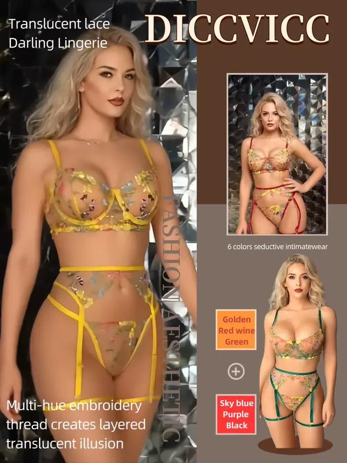 Diccvicc Lingerie de luxe Sexy broderie florale voir à travers la dentelle femmes sous-vêtements soutien-gorge à armatures jarretelles fantaisie ensemble tenues exotiques