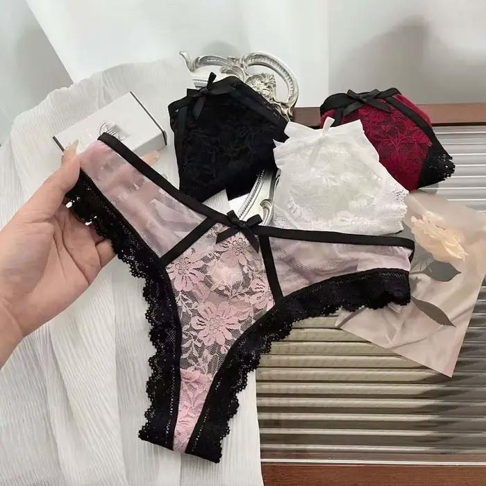 Doux Patchwork maille florale nœud papillon culotte évider dentelle fleur string Transparent coton entrejambe sous-vêtements pour dame