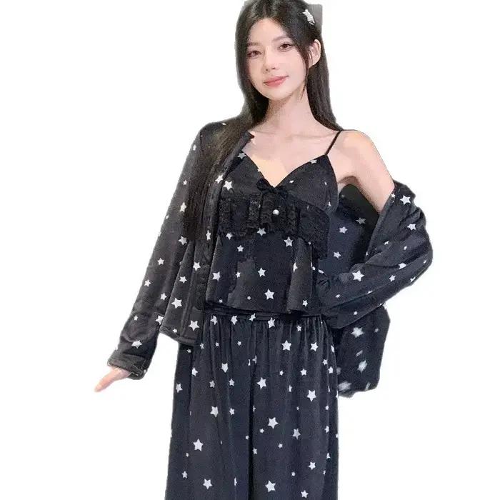 Nouveau velours 3 pièces Pyjamas ensemble maison vêtements doux noir déshabillé en dentelle à manches longues pantalon