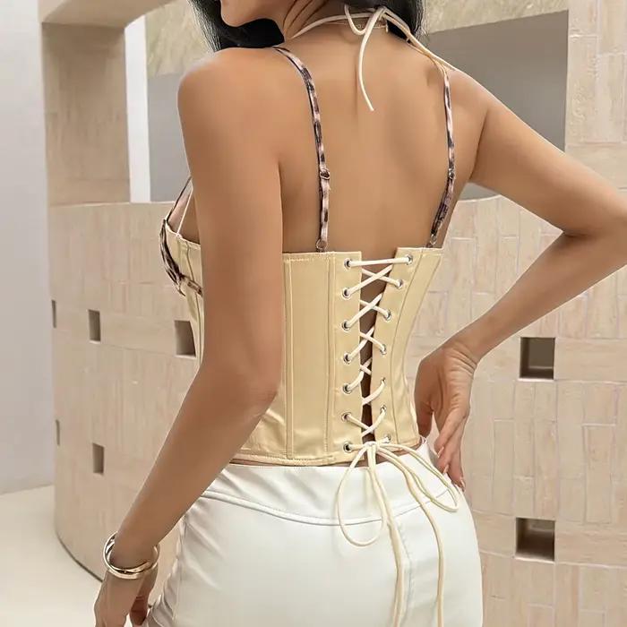Corset Bustier pour Femme avec Bordure Imprimé Léopard, Col Halter et Bretelles Fines, Décolleté Cœur, Haut Ajusté