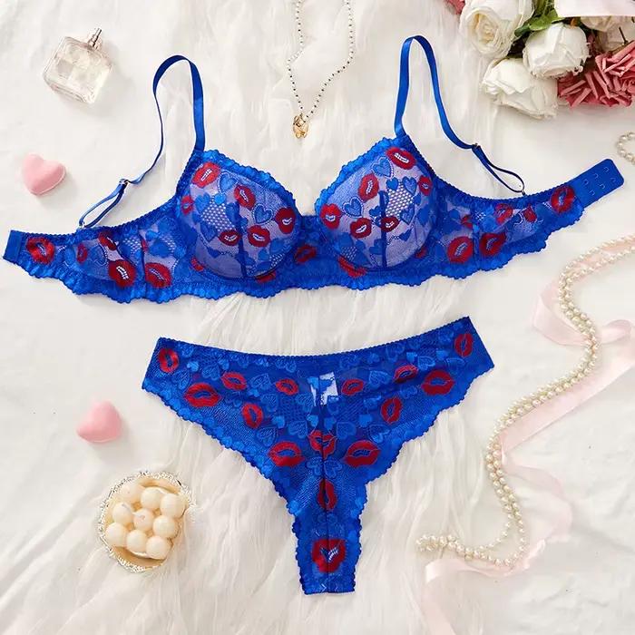 Lingerie Sexy rouge lèvre broderie sous-vêtements en dentelle ensemble de soutien-gorge translucide Lingeries