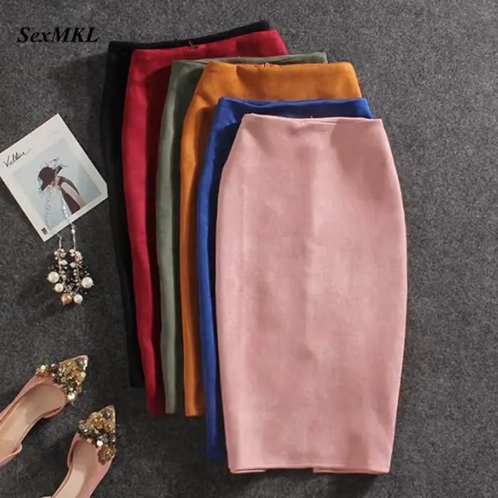 Hiver Sexy moulante daim jupes 2025 mode genou longueur taille haute bureau jupe coréenne femmes vêtements élégant mince jupe crayon