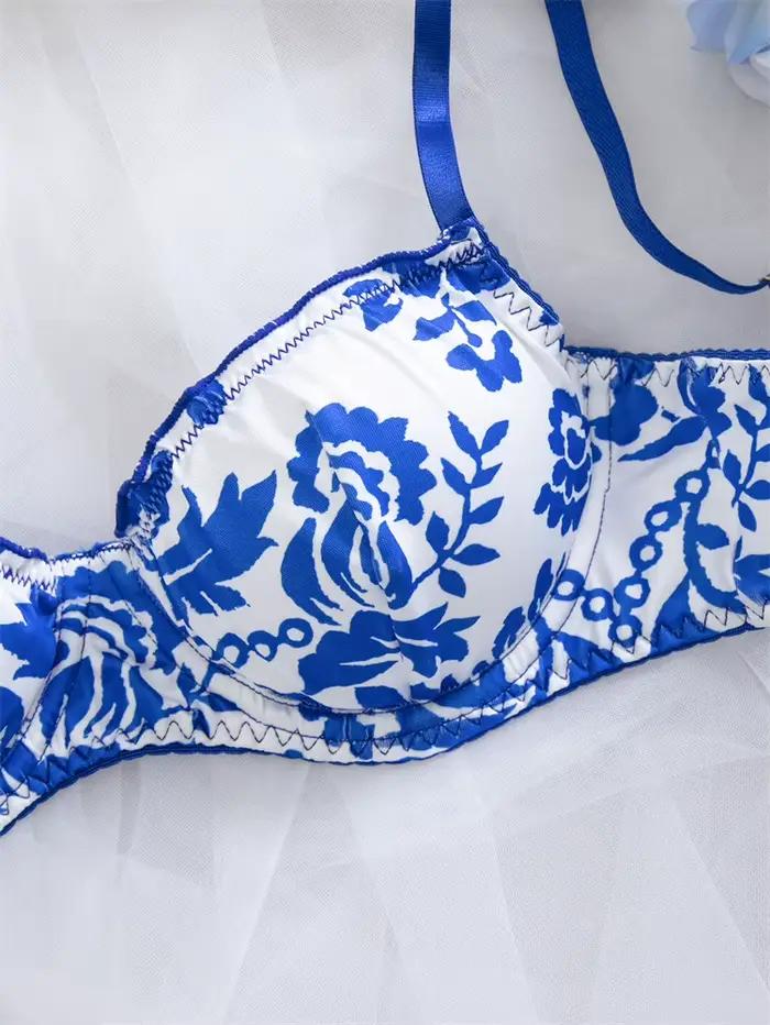 Ensemble de lingerie féminine bleu à imprimé floral