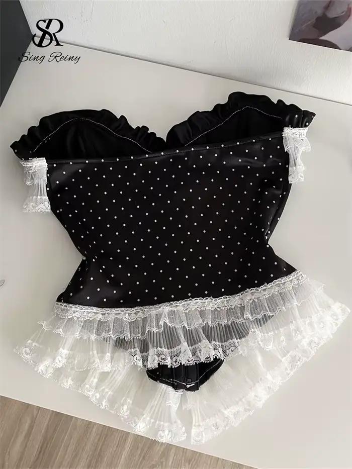 SINGREINY Vintage à pois Lingerie haut sans bretelles dentelle épissé Sexy Corset haute qualité femmes France doux Hotsweet Camisole