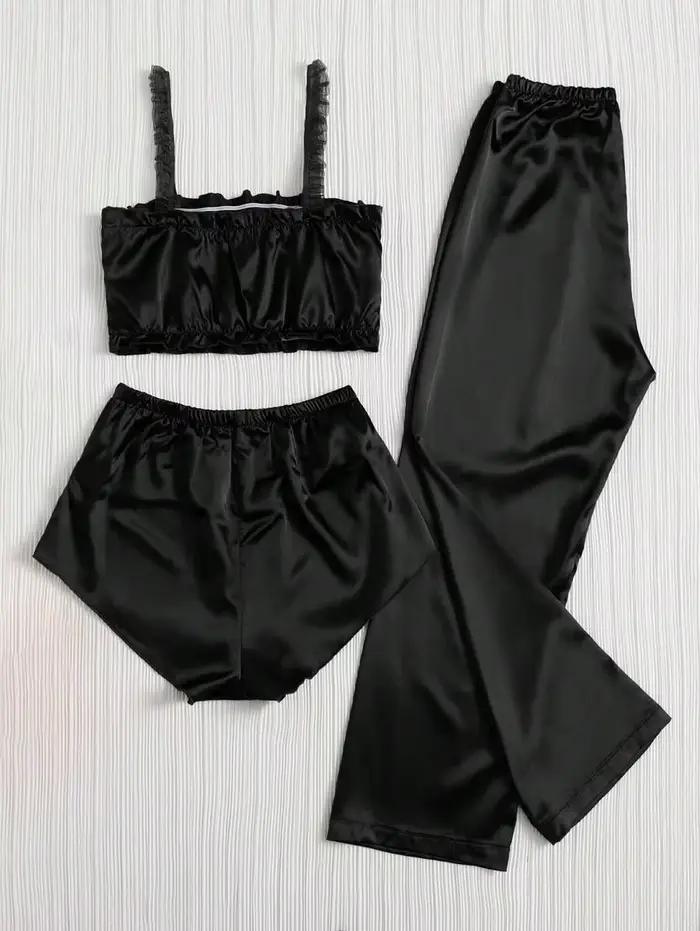 Ensemble pyjama en Satin plissé de couleur noire