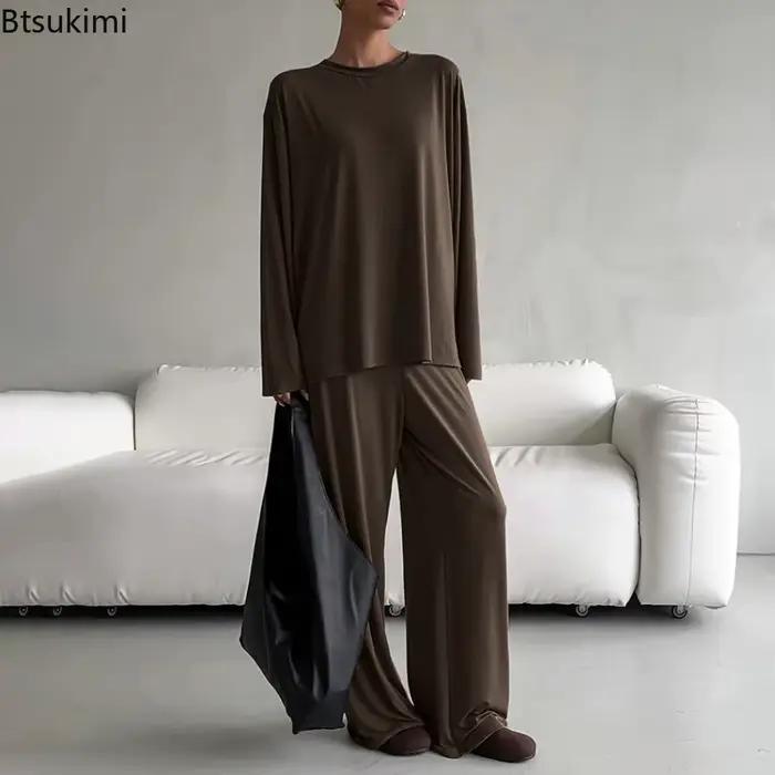 Nouveau 2026 marron ample femme vêtements de nuit costume col rond chemises