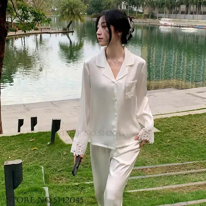 Ensemble de pyjamas de luxe pour femmes en satin de soie avec dentelle, vêtements de nuit élégants pour la maison et occasions spéciales