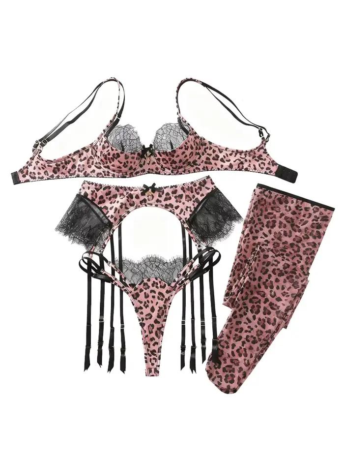 Ensemble de lingerie léopard Belamimi avec jarretelles et soutien-gorge