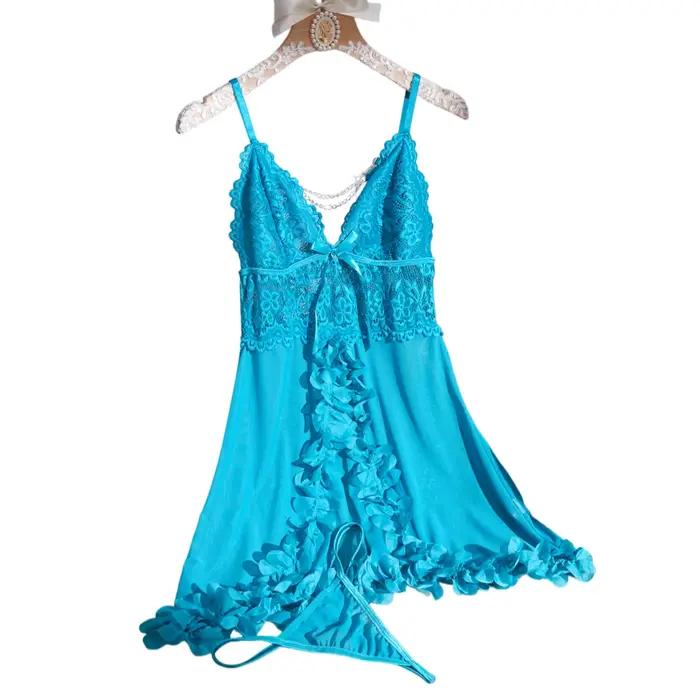 Ensemble de lingerie babydoll en dentelle bleue pour femme - Chemise à bretelles fines et col en V profond avec string