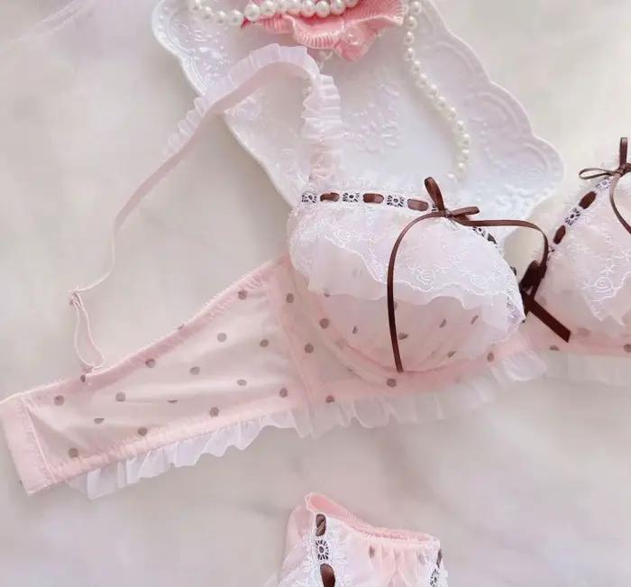 Lolita Kawaii Fashion Cute Dots Printing Mesh Lace Underwear Bra and Panties Set