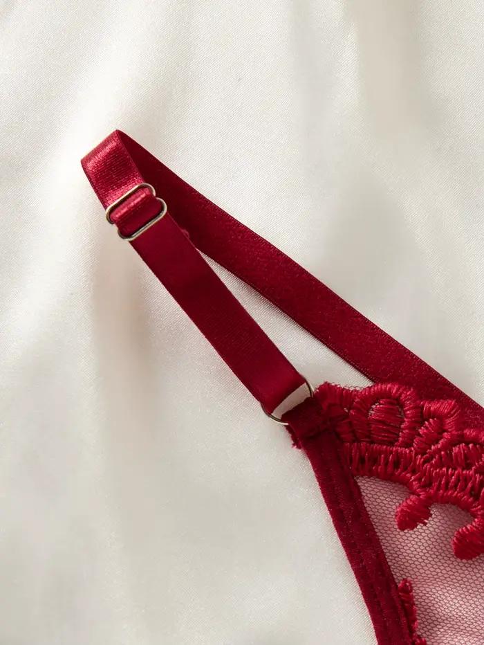 Chemise de nuit semi-transparente brodée d'oreilles de blé style campagne rouge vin pour femme