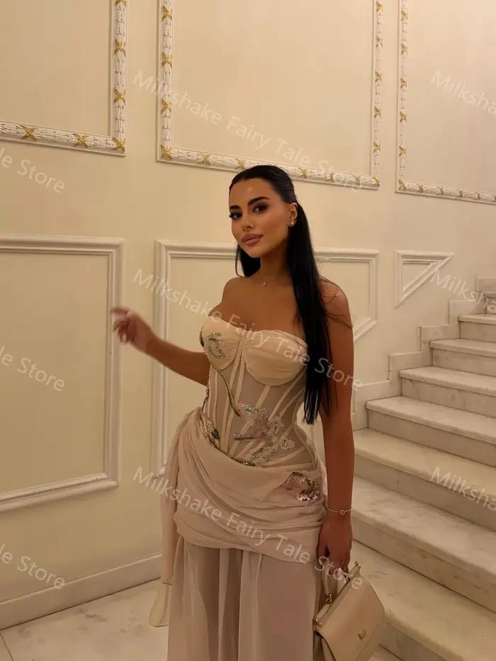 Robes de soirée champagne coupe trapèze, sans manches, avec appliques, en mousseline, longueur ras du sol, personnalisables pour occasions spéciales