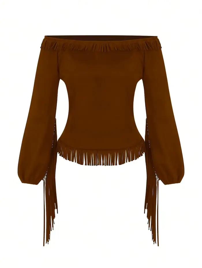 T-shirt moulant sexy à épaules dénudées pour femme, manches longues, style rétro western, avec franges, hauts pour femmes, camisetas