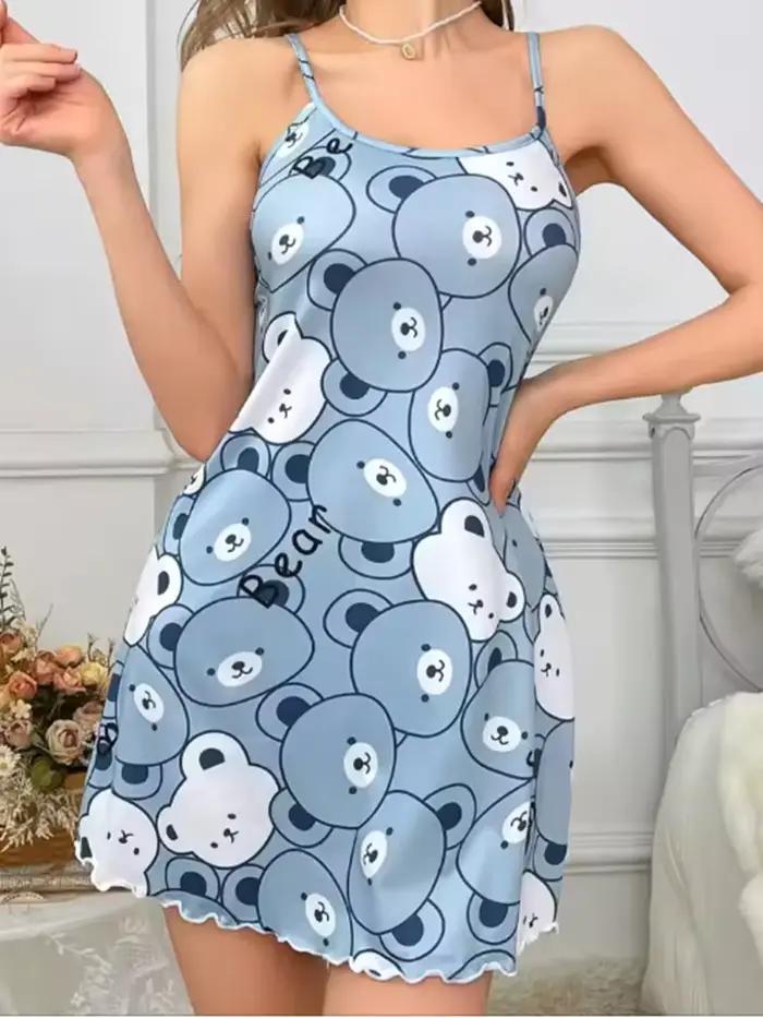 Robe de nuit d'été imprimée ours bleu mignon pour femmes