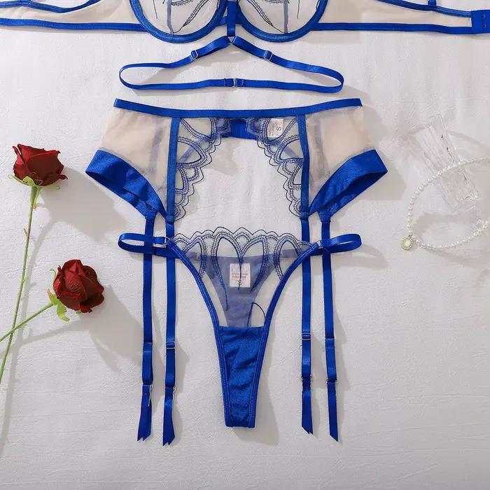 Ensemble de lingerie haut de gamme Ellolace pour femme – Soutien-gorge halter exclusif, ceinture et string 3 pièces – Lingerie sensuelle Cougar Sappire pour soirée, danse et club