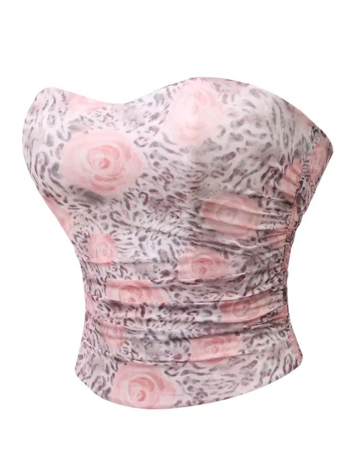 Corset bustier rose imprimé léopard en maille pour femme, sans bretelles, froncé sur les côtés, à lacets au dos, style Y2K Coquette