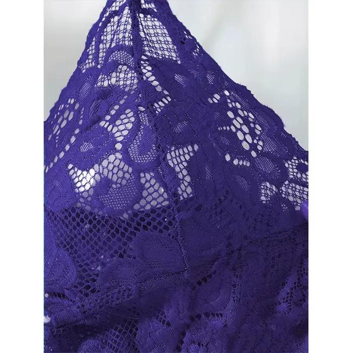 Robe de nuit en dentelle transparente pour femmes, vêtements de nuit sexy, sans manches, dos nu, couleur unie, pyjama doux, court, col en v, ensemble tanga, été