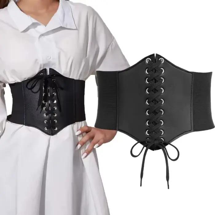 Ceinture Corset Femme Gothique en Cuir PU, Ceinture Corset à Lacets Amincissante Vintage Noire Large pour Fille