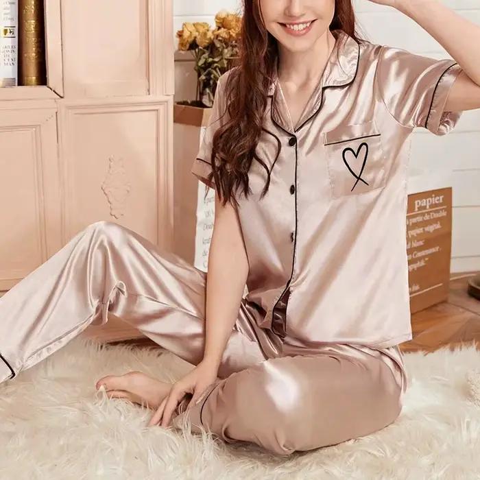 Ensemble de pyjama en satin pour femme basique automne manches longues pantalon en Y poche en forme de cœur deux pièces occassions spéciales
