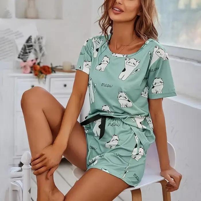 2026 Femmes décontracté mignon merdes en plein air avec Shorts Pyjamas ensembles à manches courtes vêtements de nuit 2