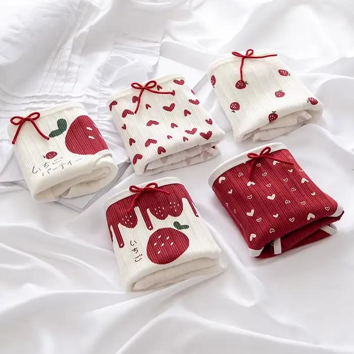 Culottes en coton pour femmes, sous-vêtements sexy, lingerie douce, culottes à lacets, imprimées fraises et cœurs