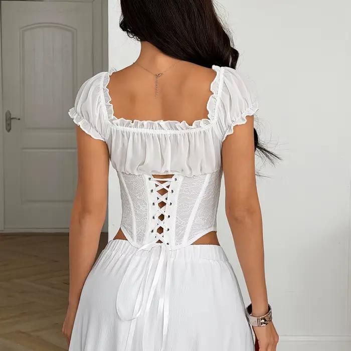Haut corset blanc en dentelle pour femme, épaules dénudées, manches bouffantes, bustier à volants avec nœud avant, idéal pour les soirées, clubs et tenues Kawaii