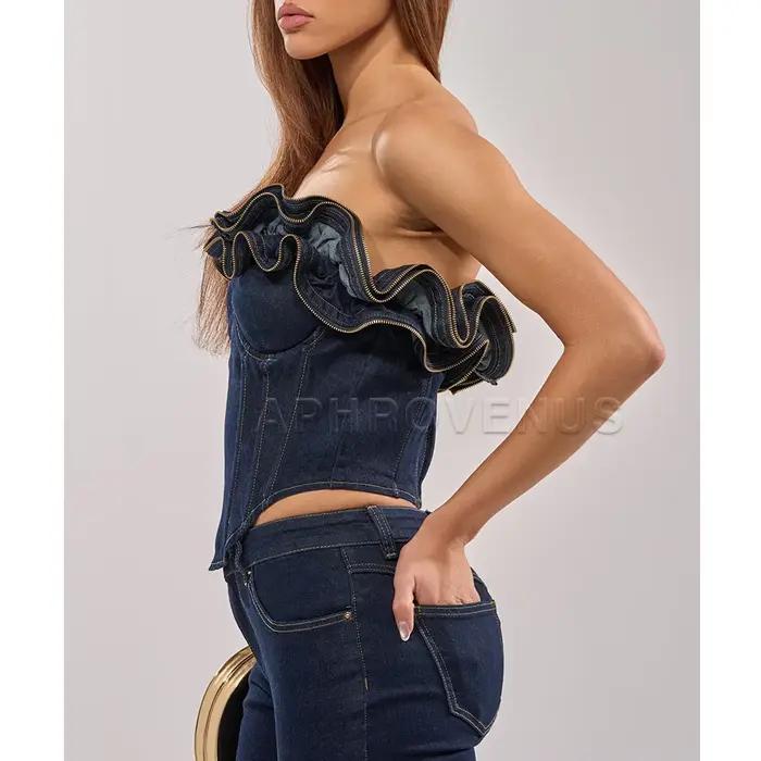 Corset en jean vintage pour femme, bustier épaules dénudées à volants et fermeture éclair, style Y2K streetwear, coupe ajustée, serre-taille pour soirée