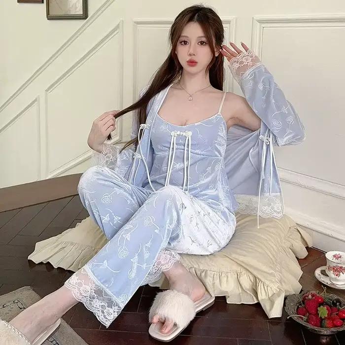 Automne hiver mignon flanelle pyjama ensemble nouveau Beige maison élégant vêtements de nuit sexy Pijamas costume ample