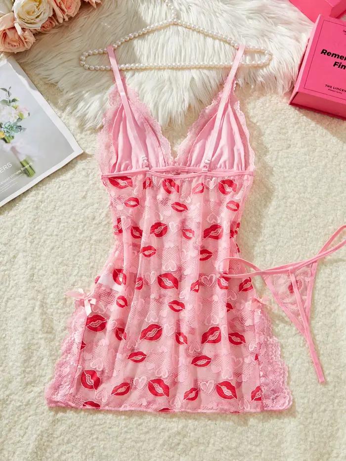 Chemise de nuit rose à imprimé lèvres pour femmes