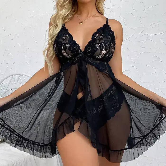 Rose Transparent Sexy Lingerie femmes culottes voir à travers les vêtements de nuit dentelle col en V chemise