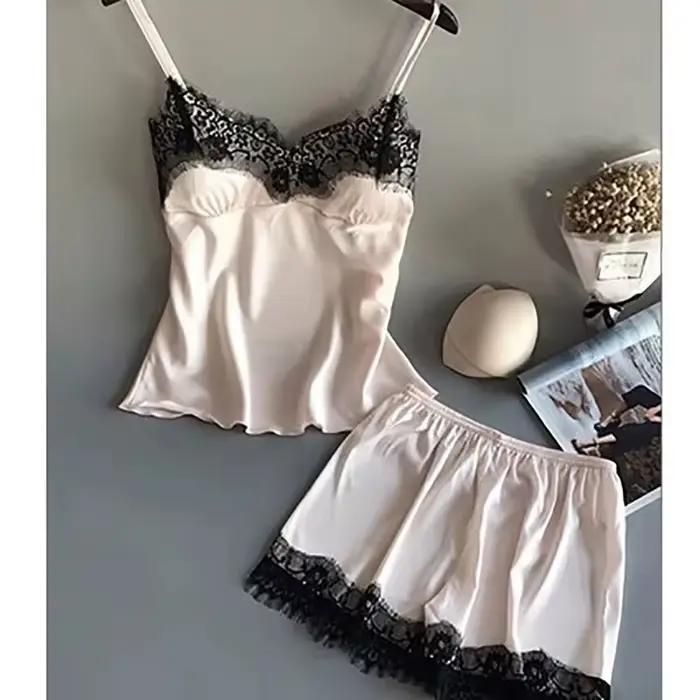 Femmes pyjama costume mode col en v Stretch Satin nuisette dentelle Sexy Lingerie nœud papillon Pyjamas sommeil Shorts ensemble vêtements de nuit nouveau