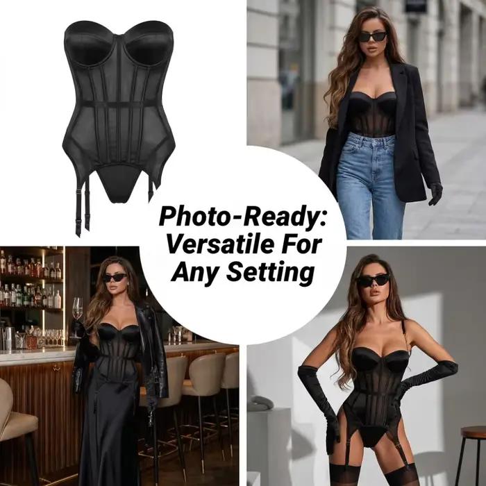 Ensemble de lingerie sexy de luxe 3 pièces pour femme : body dos nu et porte-jarretelles