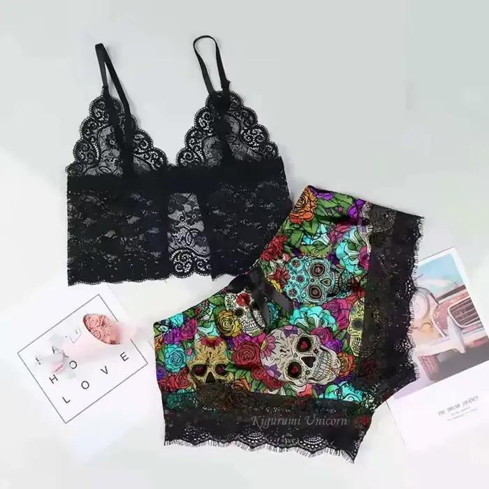 Halloween squelette imprimé pyjamas ensembles femmes dentelle Sexy Satin vêtements de nuit col en V sans manches