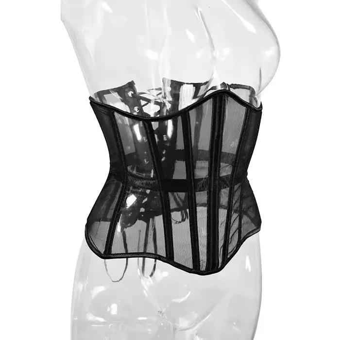 Corset en maille transparente pour femmes, sous le buste, os de poisson, entraîneur de taille, Bustier amincissant, ceinture gothique, noir et rouge