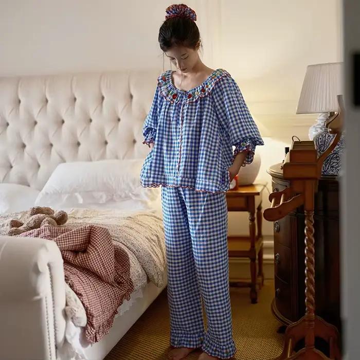 Ensemble de pyjama long à manches longues en coton 100% à carreaux