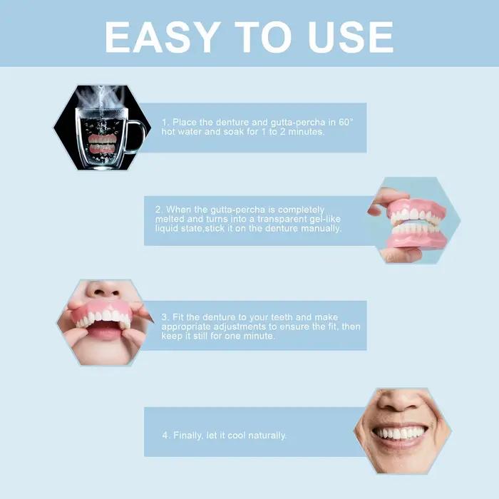 Kit de prothèses dentaires DIY, prothèses faciles à utiliser (supérieures et inférieures), solutions de prothèses dentaires à domicile pour un sourire idéal, convient aux femmes et aux hommes.