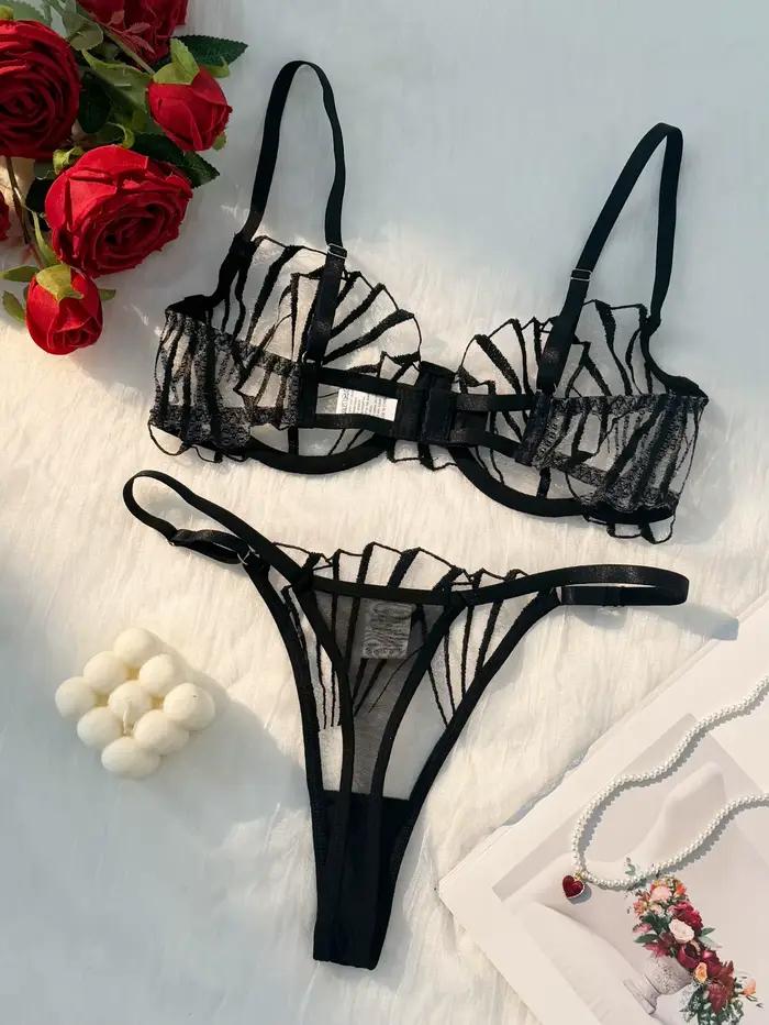 Ensemble de Lingerie brodée avec bonnet de poitrine festonné noir pour femmes